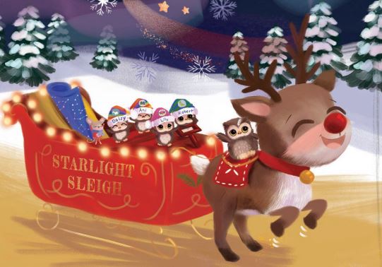 A cheerful reindeer pulling a red sled decorated with 'STARLIGHT SLEIGH', carrying small animated characters wearing colorful hats in a snowy landscape.