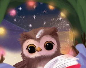 An illustrated owl with large, expressive eyes surrounded by twinkling stars and colorful lights, holding a scroll in its paws.