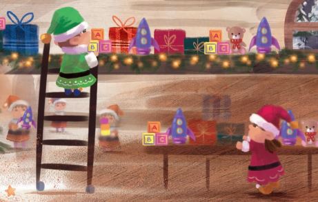 Two elves preparing for the holidays, one on a ladder placing colorful presents on a shelf while the other gathers toys below.